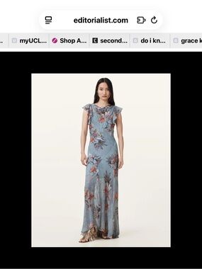 All Saints Aden Flora Crinkle Silk Blend Dusty Blue Stretch Maxi Dress